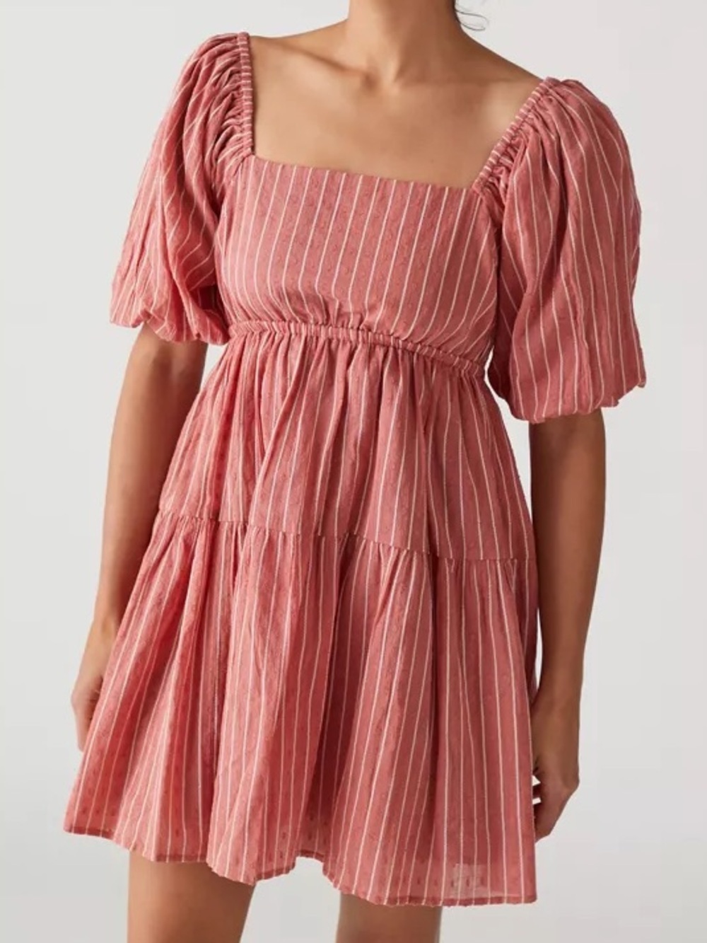 NWT MINKPINK Dusty Rose-Pink Striped “Anne” Square Neck Puff Sleeve Mini Dress